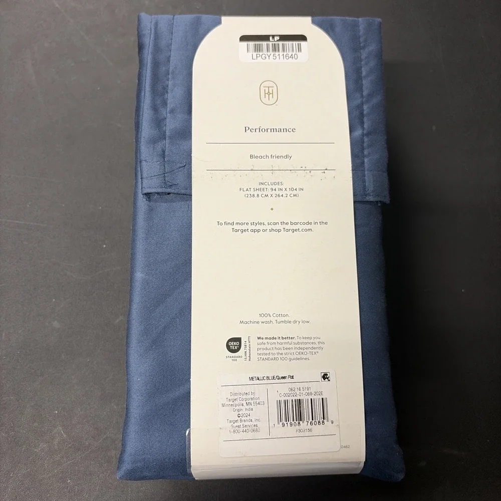 Threshold Performance Cotton Sateen QUEEN Flat Sheet Blue 400 TC Smooth 20583